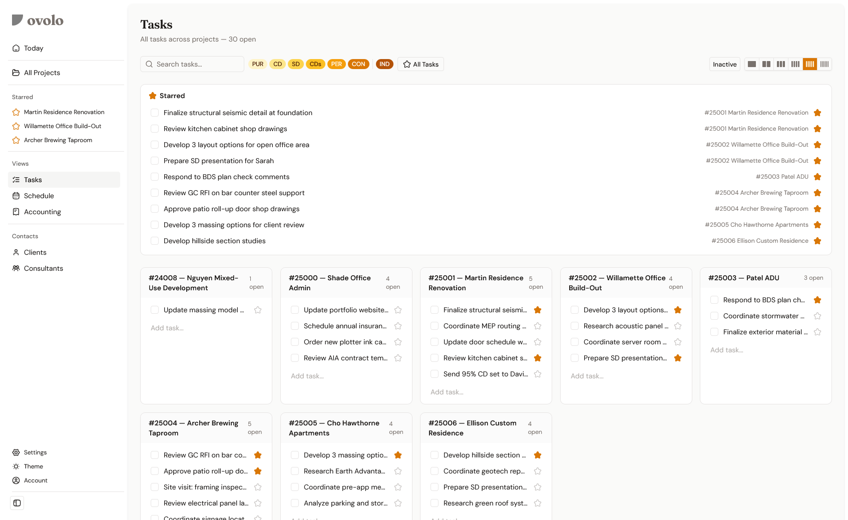 Ovolo Tasks view showing all tasks across projects with starred items